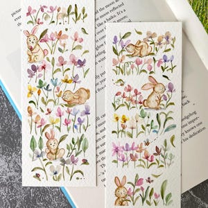 Marque-pages jardin et lapin, aquarelle originale, lot de 2, taille 2,3 x 6 pouces, marque-page fait main, cadeau pour les lecteurs et amoureux des livres, floral