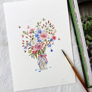 Glasvase mit Blumen, Original handgemalt, Wanddekor, Aquarell, Kunst, 13 x 18 cm, Kein Druck, botanische Kunst, Kunst, Blumenkunst