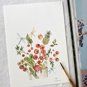 Obsttasche, Original, handgemalt, Wanddekor, Aquarell, kein Druck, 13 x 18 cm, botanische Kunst, Kunst, Wandkunst, Blumenkunst