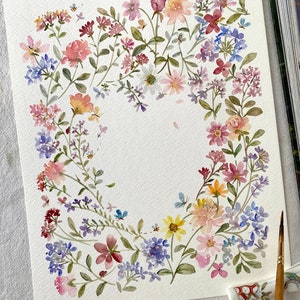 Blumenbild, handgemalter Blumenrahmen, Aquarell, 20 x 25 cm, Blumenbild, bunte Blumen, kein Druck, 20 x 25 cm