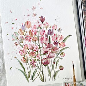 Sommer Garten, handgemalt, Aquarell Kunst, 20 x 25 cm, botanische Kunst, bunte Kunst, Wandkunst, Blumenkunst, kein Druck