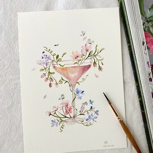 Blumentrank, handgemalt, Aquarell, kein Druck, 13 x 18 cm, botanische Kunst, Wandkunst, Blumenkunst, wunderliche Kunst