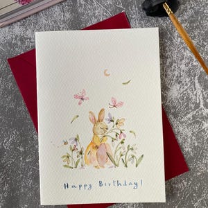 Carte de voeux aquarelle originale, carte de voeux d'anniversaire lapin mignon, taille 5 x 7, carte faite main, carte peinte à la main avec enveloppe, carte vierge