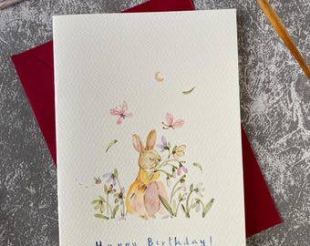 Hand-Painted Watercolor Bunny Birthday Card, Handmade Note Card (5x7)