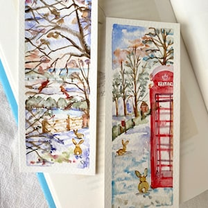 Marcapáginas de invierno y cabina telefónica, pintura de acuarela original, juego de 2, tamaño 2,3" x 6", marcapáginas hecho a mano, regalo para lectores y amantes de los libros