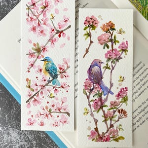 Vogelbladwijzers, origineel aquarelschilderij, set van 2, maat 2,3 x 6 inch, handgemaakte bladwijzer, cadeau voor lezers en boekenliefhebber, bloemenkunst, cadeaukunst