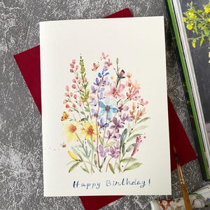 Blumen Geburtstagskarte, Aquarell Grußkarte, Original Aquarellmalerei, bunte Karte, handgemachte Karte mit Umschlag, Blanko Karte