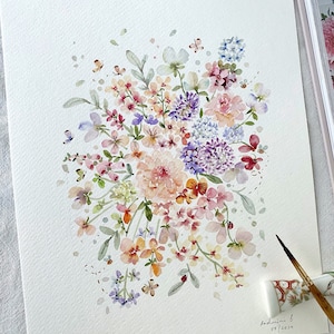 Flores da primavera, buquê de flores, Original pintado à mão, arte em aquarela, Não é uma impressão, 8”x 10”, arte botânica, arte colorida, arte de parede,
