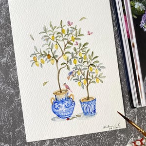 Limonero en maceta, original pintado a mano, decoración de pared, arte de acuarela, no es una impresión, 5 "x 7", arte botánico, arte colorido, arte de pared, arte floral