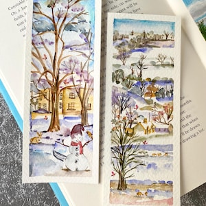 Marque-pages au pays des merveilles d'hiver, aquarelle originale, lot de 2, taille 2,3 x 6 pouces, marque-page fait main, cadeau pour les lecteurs et amoureux des livres, art calme