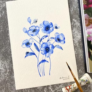Fleurs bleues, Original peint à la main, décoration murale, aquarelle, Pas une impression, 6 x 8 pouces, art botanique, art, art mural, art floral