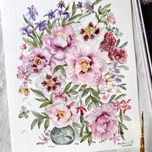 Pivoines de PRINTEMPS, originales peintes à la main, aquarelle, pas une impression, 20 x 25 cm, art botanique, art coloré, art mural, art floral, art mignon