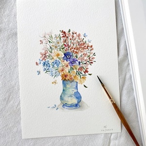 Blaue Vase mit Gänseblümchen, handgemaltes Original, Aquarell, 13 x 18 cm, Kein Druck, botanische Kunst, Kunst, Wandkunst, Blumenkunst