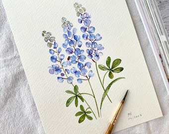 Bluebonnet floral, Original hand painted, wall decor, watercolour art, Not a print, 5”x 7”,botanical art, colourful art,wall art,floral art