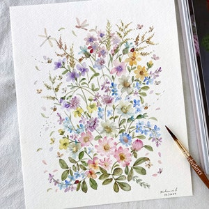 Jardin coloré, Original peint à la main, aquarelle, Pas une impression, 20 x 25 cm, art botanique, art coloré, art mural, art floral, art mignon