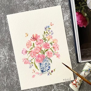 Vintage Vase mit Blumen, handgemalt, Blumenvase, Wanddekor, Aquarell, kein Druck, 13 x 18 cm, Blumenvase, Blumenvase, Blumenvase