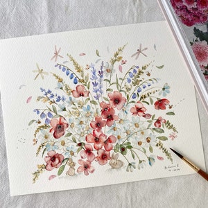 Joli jardin de lapins, Original peint à la main, aquarelle, Pas une impression, 20 x 25 cm, art botanique, art coloré, art mural, art floral, art mignon