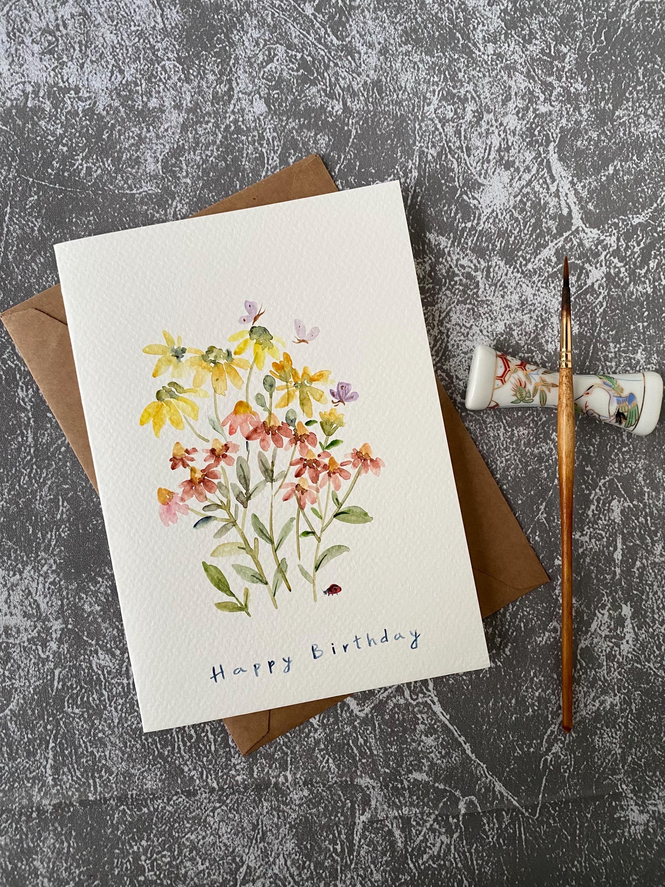 Hand Painted Floral Watercolor Birthday Card With Envelope, Original ...