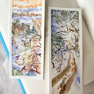 Marque-pages au pays des merveilles d'hiver, aquarelle originale, lot de 2, taille 2,3 x 6 pouces, marque-page fait main, cadeau pour les lecteurs et amoureux des livres, art calme