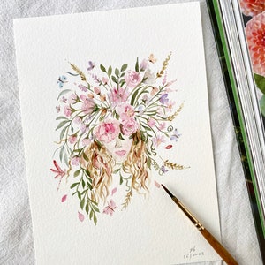 En plena floración, retrato, original pintado a mano, decoración de pared, arte de acuarela, no es una impresión, 5” x 7”, arte botánico, arte, arte de pared, arte floral
