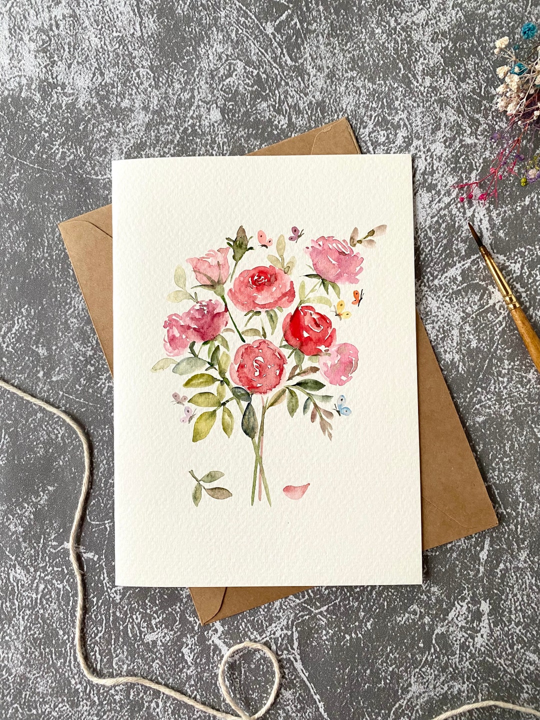 Flower Bouquet Card Watercolor Greeting Card Original - Etsy