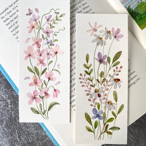 Marcapáginas florales modernos, acuarela original, juego de 2, tamaño 2,3" x 6", marcapáginas hecho a mano, regalo para lectores y amantes de los libros, arte floral.