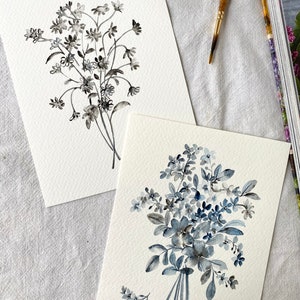 Monochrome Blumen gesetzt, Original handgemalt, Wanddekor, Aquarellkunst, kein Druck, 13 x 18 cm, botanische Kunst, Kunst, Wandkunst, Blumenkunst