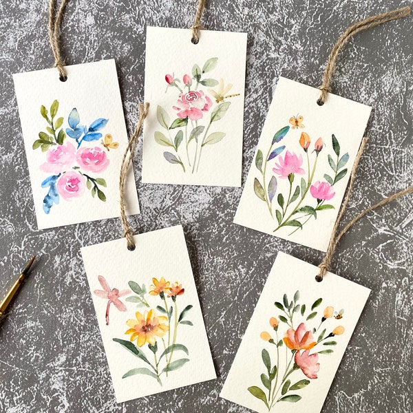 Roses and flower gift tags, Original watercolor painting, set of 10, size 2.3” x3.5”, handmade gift tags, floral gift tags, rectangle tags