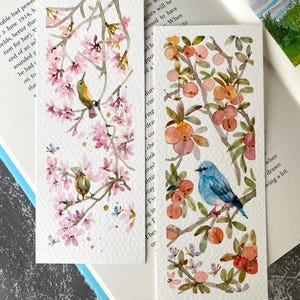 Marcadores de pássaros, pintura em aquarela original, conjunto de 2, tamanho 2,3” x 6”, marcador feito à mão, presente para leitores e amantes de livros, arte floral, arte para presente