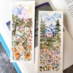 Segnalibri con paesaggio primaverile, dipinto ad acquerello originale, set di 2, dimensioni 2,3"x6", segnalibro fatto a mano, regalo per lettori e amanti dei libri, fiore