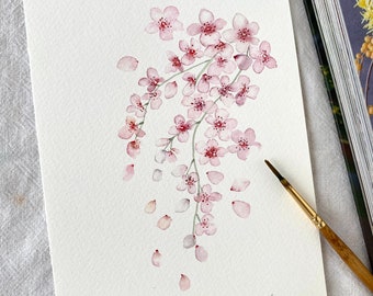 Cherry blossoms, Original hand painted, wall decor, watercolour art, Not a print, 5”x 7”,botanical art, colourful art,wall art,floral art