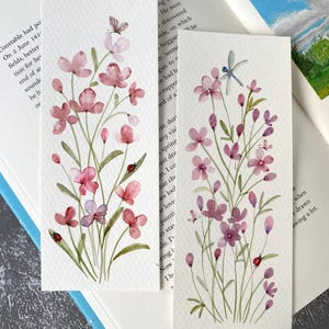 Marcadores de flores modernos, pintura em aquarela original, conjunto de 2, tamanho 2,3”x6”, marcador feito à mão, presente para leitores e amantes de livros, arte floral