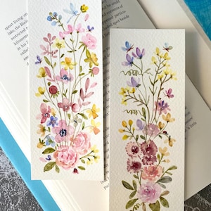 Marque-pages jardin fleuri, aquarelle originale, lot de 2, taille 2,3 x 6 pouces, marque-page fait main, cadeau pour les lecteurs et amoureux des livres, art floral