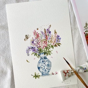 vase vintage avec des fleurs, original peint à la main, décoration murale, aquarelle, pas une impression, 6 x 8 pouces, art botanique, art, art mural, art floral