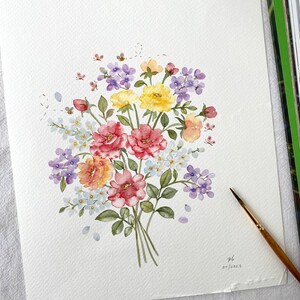 Buquê de flores, Original pintado à mão, decoração de parede, arte em aquarela, Não é uma impressão, 8”x 10”, arte botânica, arte colorida, arte de parede, arte floral