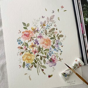 Buquê de flores da primavera, Original pintado à mão, decoração de parede, arte em aquarela, Não é uma impressão, 8”x 10”, arte botânica, arte colorida, arte de parede