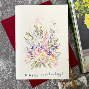 Carte d'anniversaire fleur, carte de voeux aquarelle, aquarelle originale, carte colorée, carte faite main avec enveloppe, carte vierge