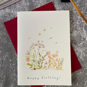 Cartão de felicitações aquarela original, cartão de felicitações coelho fofo, tamanho 5 x 7, cartão colorido, cartão pintado à mão com envelope, cartão em branco