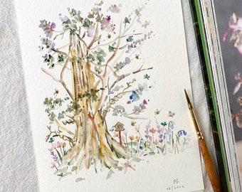 Whimsical tree & flowers, Original hand painted, wall decor, watercolour art, Not a print, 5”x 7”, botanical art, art, wall art, floral art