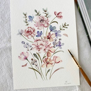 Pfirsich rosa Blumen, Original handgemalt, Aquarell, kein Druck, 13 x 18 cm, botanische Kunst, Kunst, Wandkunst, Blumenkunst