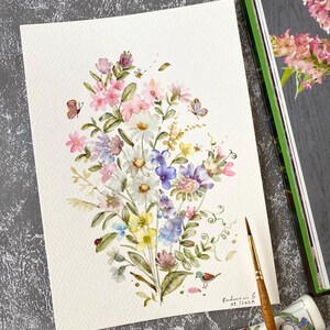 Prado de flores silvestres, arte original pintado a mano, decoración de pared, arte de acuarela, no es una impresión, 6" x 8", arte botánico, arte, arte de pared, arte floral