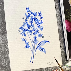 Fleur de digitale bleue, originale peinte à la main, décoration murale, aquarelle, pas une impression, 6 x 8 pouces, art botanique, art, art mural, art floral