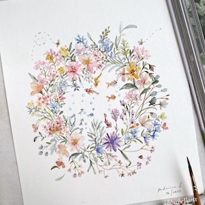 Blumenschwimmbad mit winzigen Fischen, Original, handgemalt, Aquarellkunst, kein Druck, 20 cm x 25 cm, botanische Kunst, wunderliche Kunst, niedliche Kunst