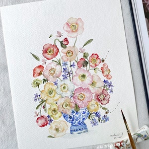 vase bleu vintage, original peint à la main, aquarelle, pas une impression, 20 x 25 cm, art botanique, art coloré, art mural, art floral, mignon