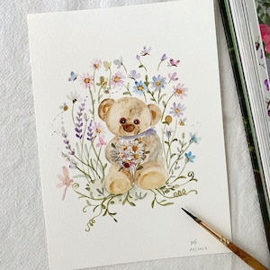 Teddy und Blumen, Original, handgemalt, Wanddekor, Aquarell, Kunst, 13 x 18 cm, Kein Druck, botanische Kunst, Kunst, Wandkunst, Blumenkunst, niedlich