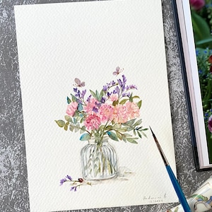 Colina violeta, arte original pintado a mano, decoración de pared, arte original en acuarela, no es una impresión, 5” x 7”, arte botánico, arte de pared, arte floral, arte lindo
