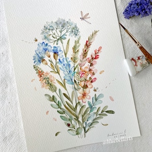 Prados de flores silvestres, Original pintado a mano, Decoración de pared, Arte de acuarela, No es una impresión, 6 "x 8", Arte botánico, Arte, Arte de pared, Arte floral
