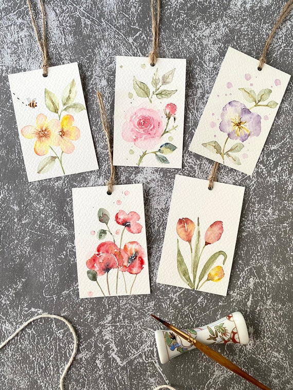 Handmade Watercolor Flower Gift Tags, Set of 10, original watercolour