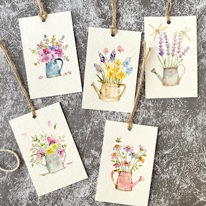 Wateringcan with  flower gift tags, Original watercolor painting, set of 10, size 2.3”x3.5”, Handmade gift tags, flower gift tags, gift tags
