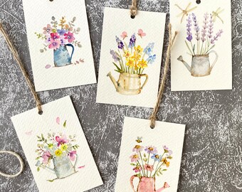 Wateringcan with  flower gift tags, Original watercolor painting, set of 10, size 2.3”x3.5”, Handmade gift tags, flower gift tags, gift tags